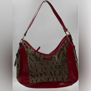 Authentic Valentino Red Brown With Logo Printed Shoulder Handbag